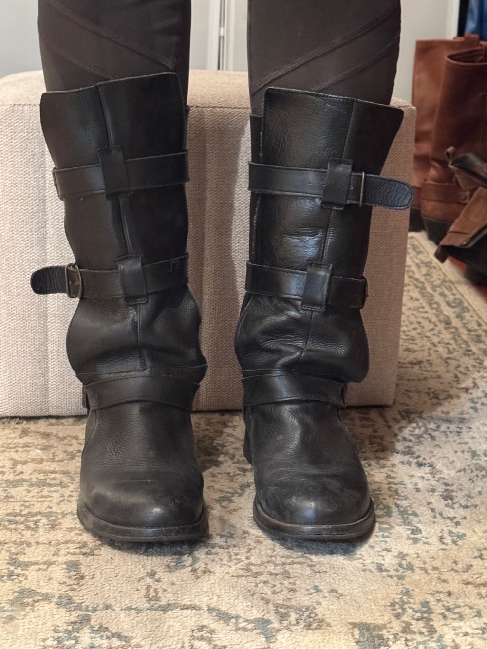 Steve Madden Black Leather Mid-Calf Buckle Moto Boots